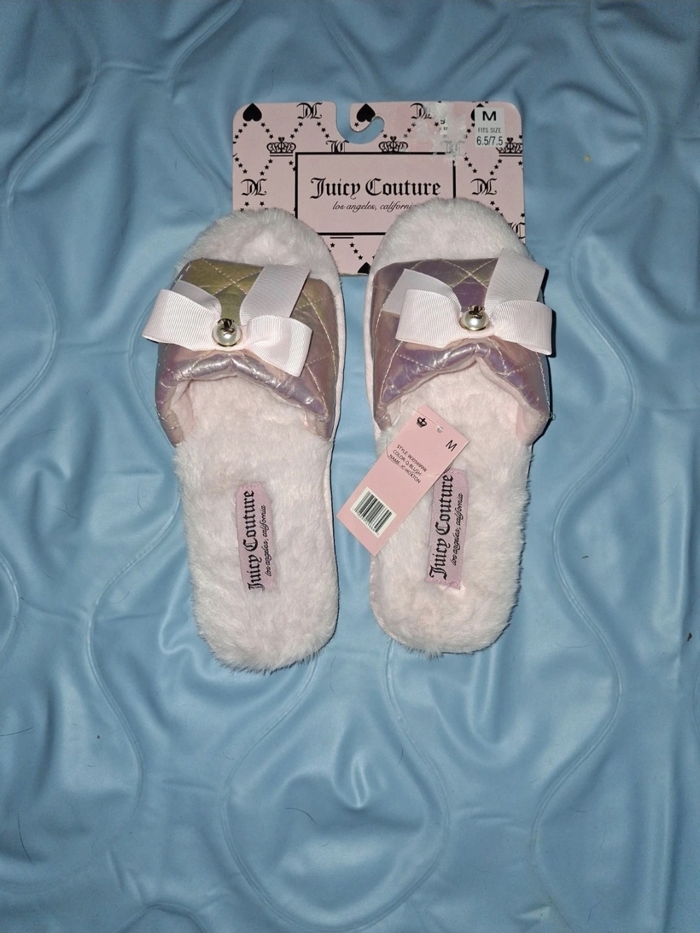Juicy Couture Pastel Iridescent Bow Plush Slide Slippers Size Medium